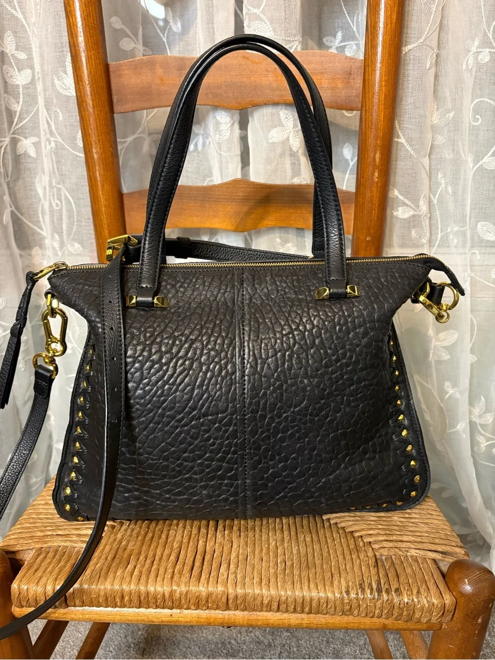 orYANY Black Pebbled Leather Studded Satchel Crossbody Bag